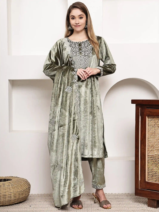 Elegant Olive Green Velvet Embroidered Kurta Set with Dupatta