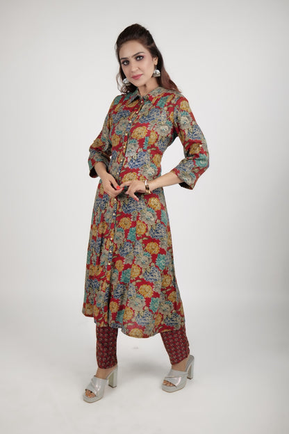 Red printed printed kurta along with pants