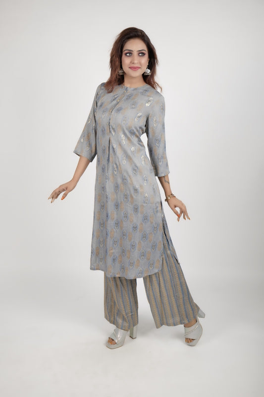 Grey Printed kurta along with stright pants