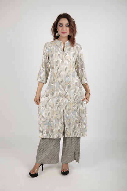 Grey white printed kurta along with stright pants