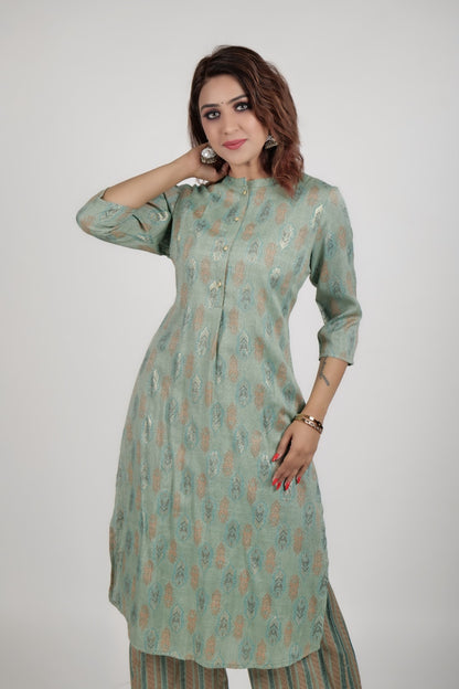 Light green printed kurta along with stright pants