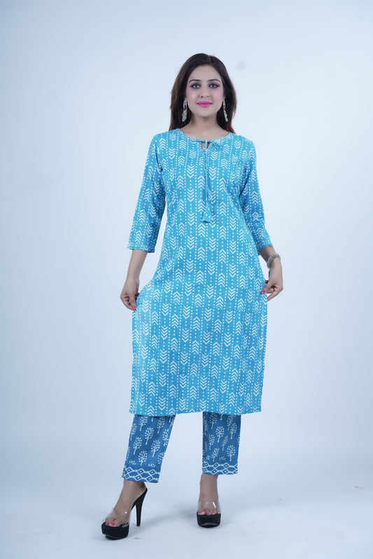 Sky blue printed kurta along with stright pants