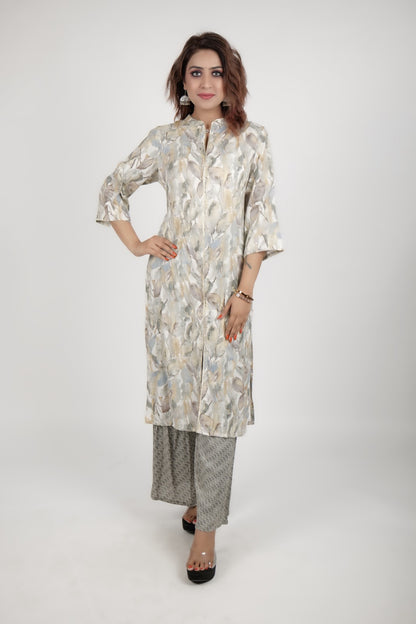 Grey white printed kurta along with stright pants