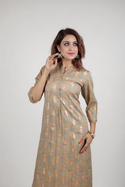 Brown gold printed kurta along with stright pants