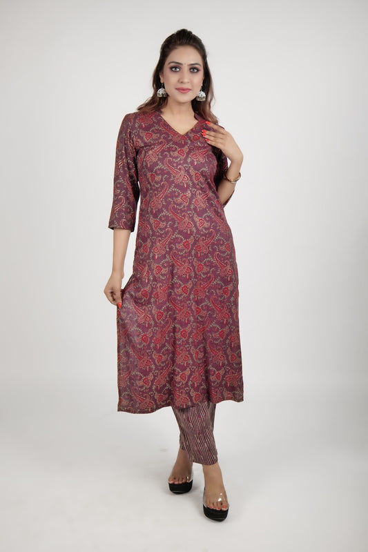 Red embossed printed kurta along with streight pants