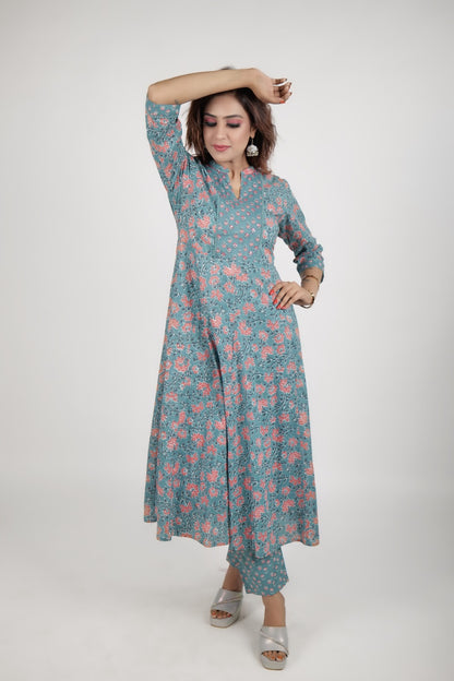 Sky Blue Printed Straight Kurta along with pants