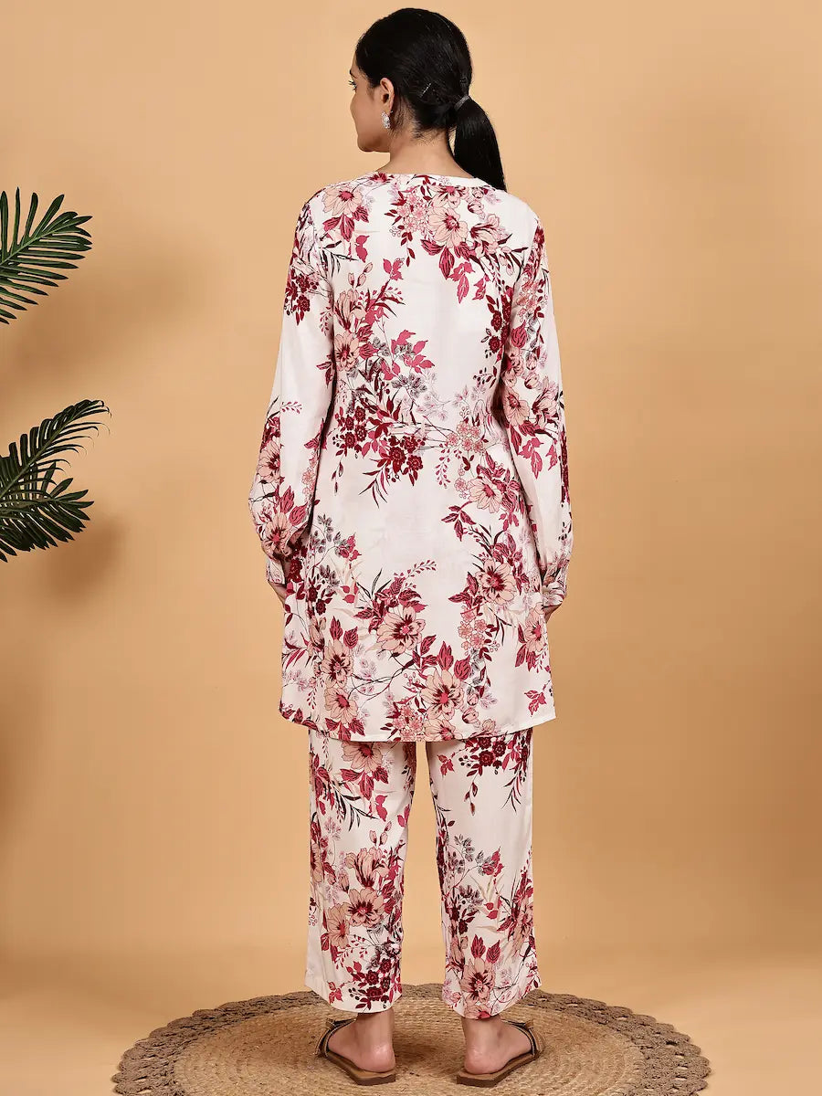 White Maroon Floral Printed Co-ord Set
