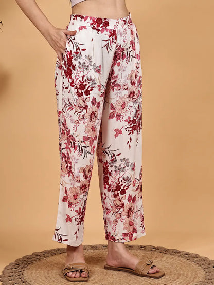 White Maroon Floral Printed Co-ord Set