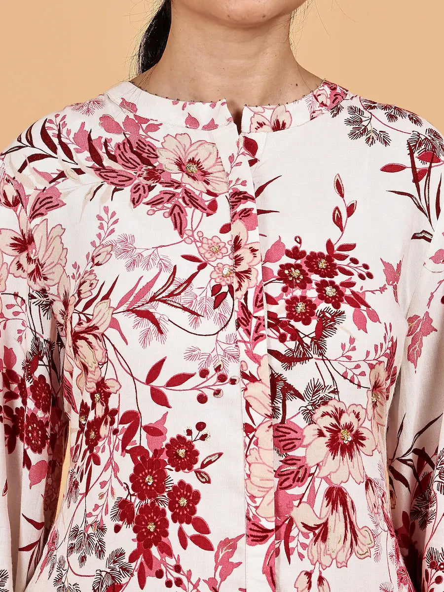 White Maroon Floral Printed Co-ord Set