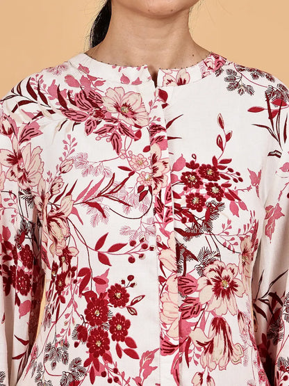 White Maroon Floral Printed Co-ord Set