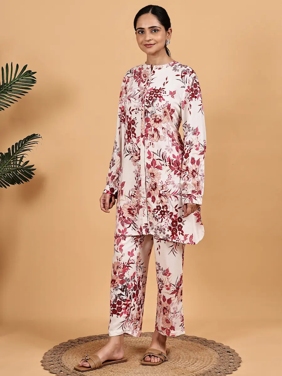 White Maroon Floral Printed Co-ord Set