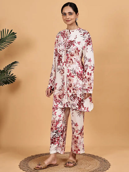White Maroon Floral Printed Co-ord Set