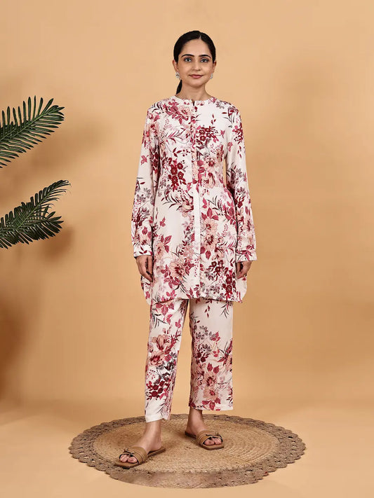 White Maroon Floral Printed Co-ord Set