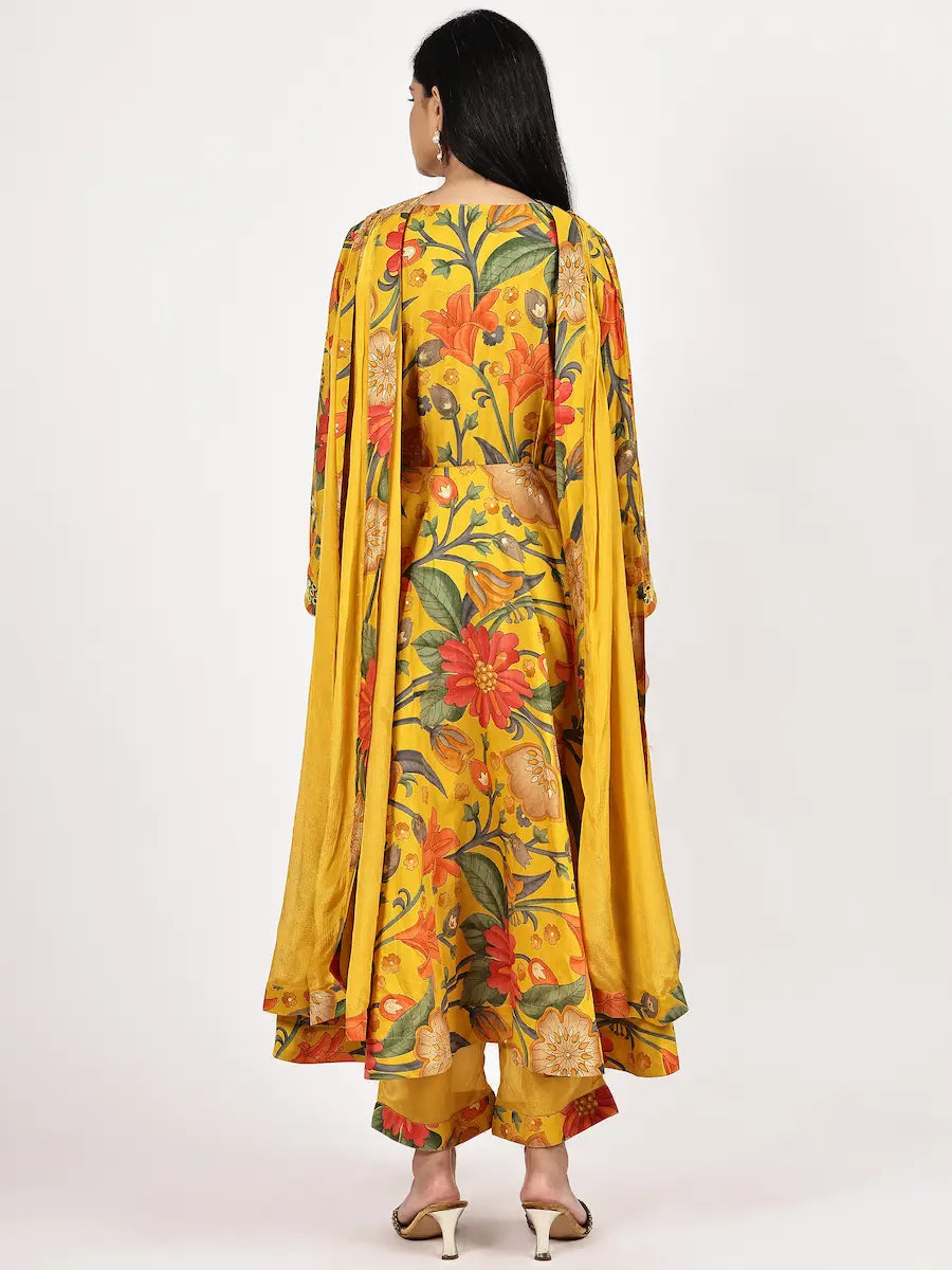 Yellow Floral Printed Anarkali Kurta Set with Choker Net Dupatta