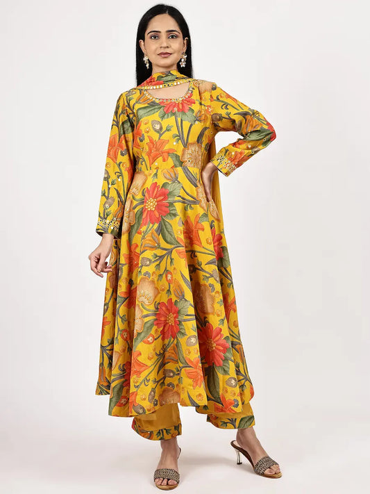 Yellow Floral Printed Anarkali Kurta Set with Choker Net Dupatta