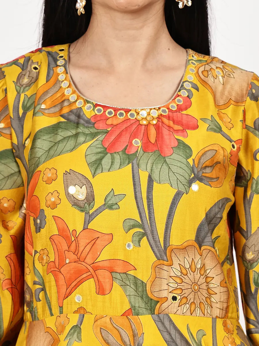 Yellow Floral Printed Anarkali Kurta Set with Choker Net Dupatta