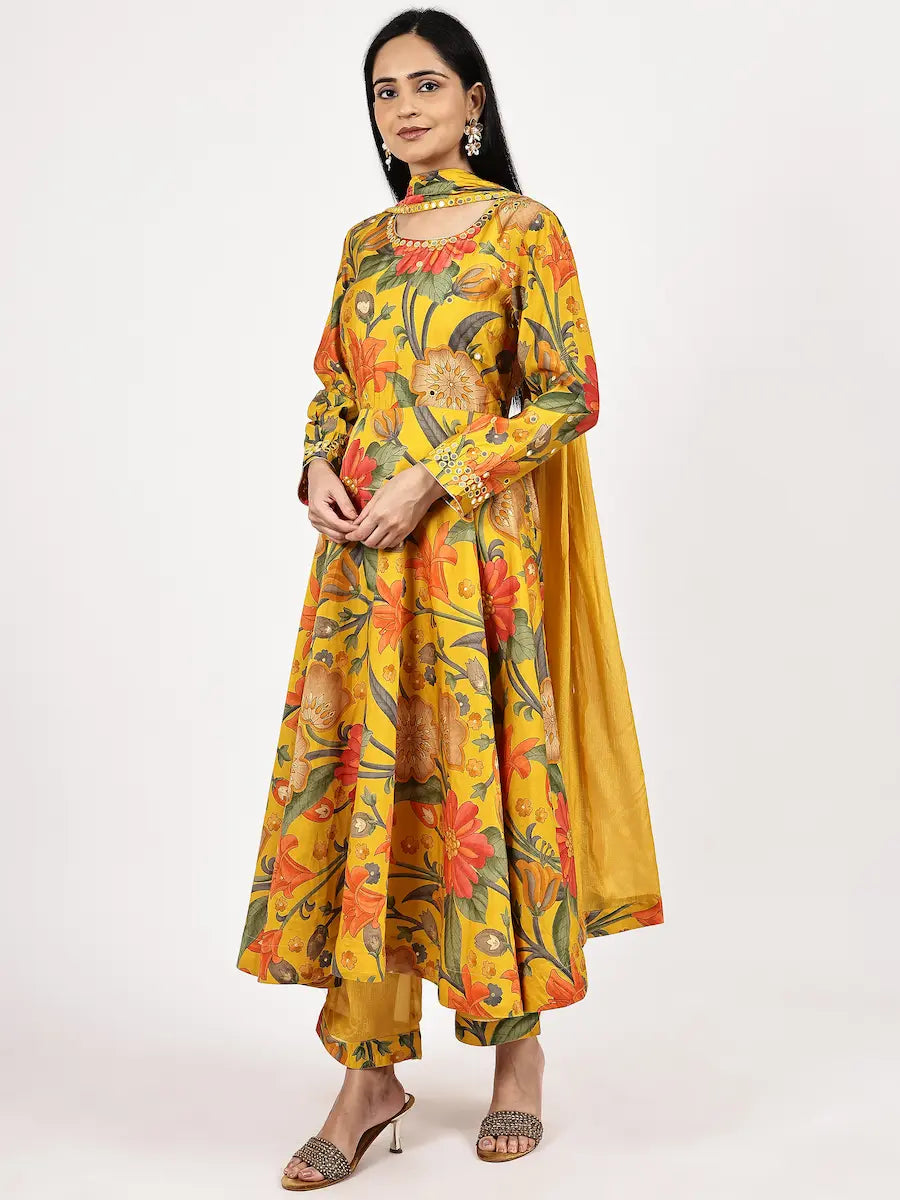 Yellow Floral Printed Anarkali Kurta Set with Choker Net Dupatta