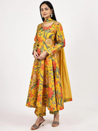 Yellow Floral Printed Anarkali Kurta Set with Choker Net Dupatta