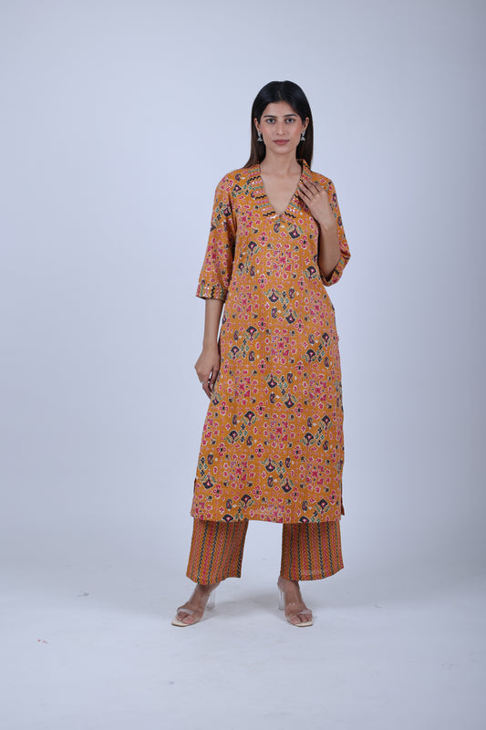 Yellow Priented Straight Kurta Along With Printed Pant