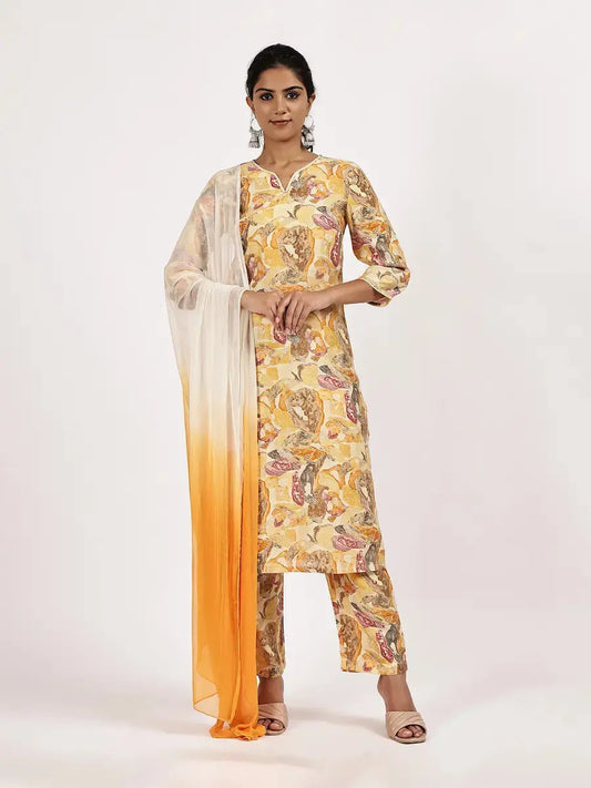 Yellow Cotton Floral Kurta Set with Chiffon Dupatta House Of Paral