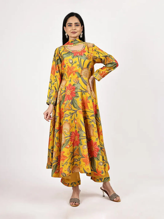 Yellow Floral Printed Anarkali Kurta Set with Choker Net Dupatta