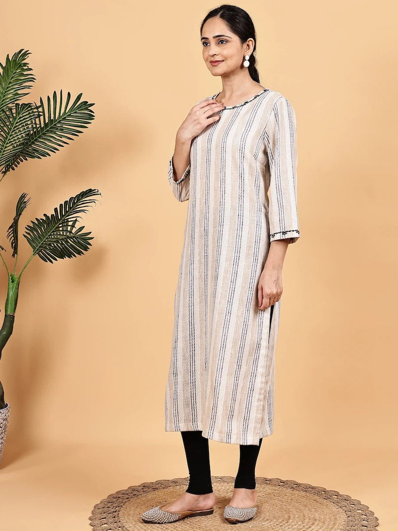 Beige and Black Striped Straight Kurta with Thread Detailing