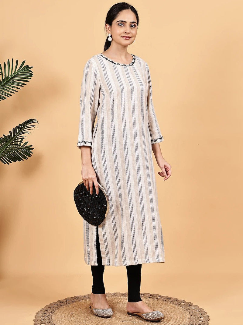 Beige and Black Striped Straight Kurta with Thread Detailing