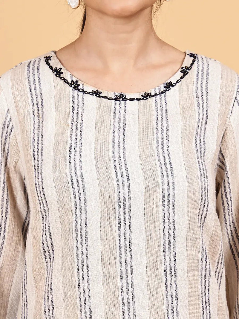 Beige and Black Striped Straight Kurta with Thread Detailing