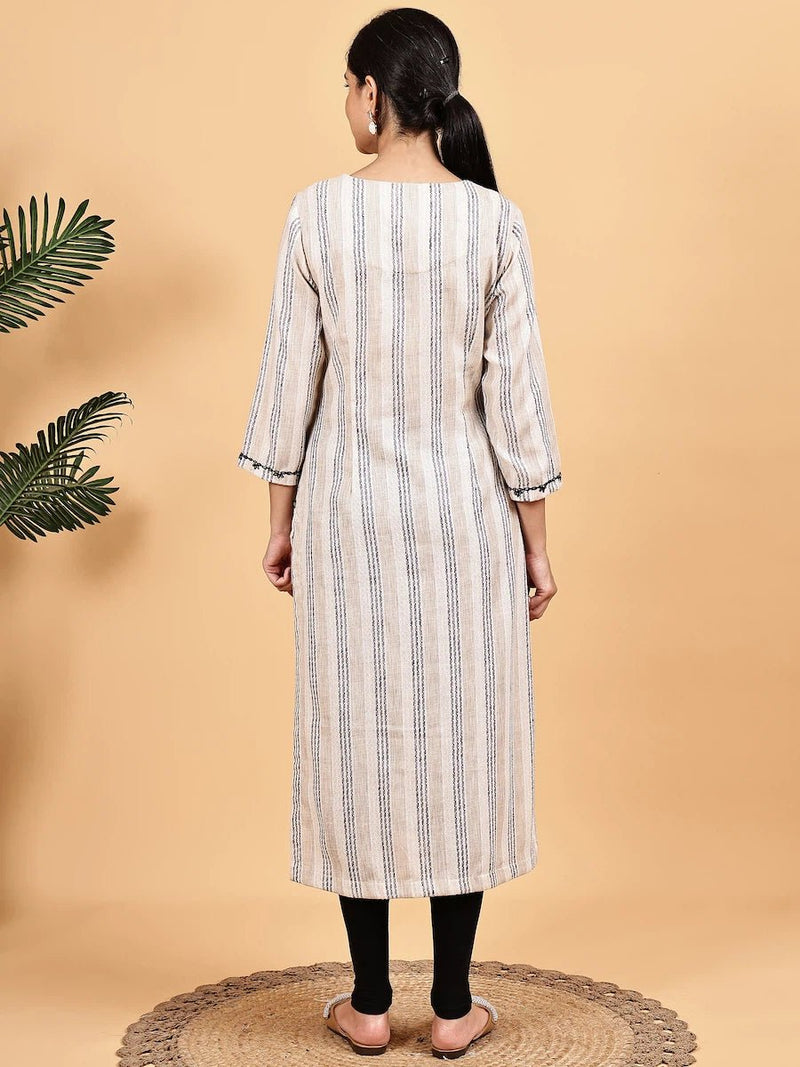 Beige and Black Striped Straight Kurta with Thread Detailing