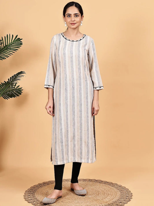 Beige and Black Striped Straight Kurta with Thread Detailing product_color Kurti