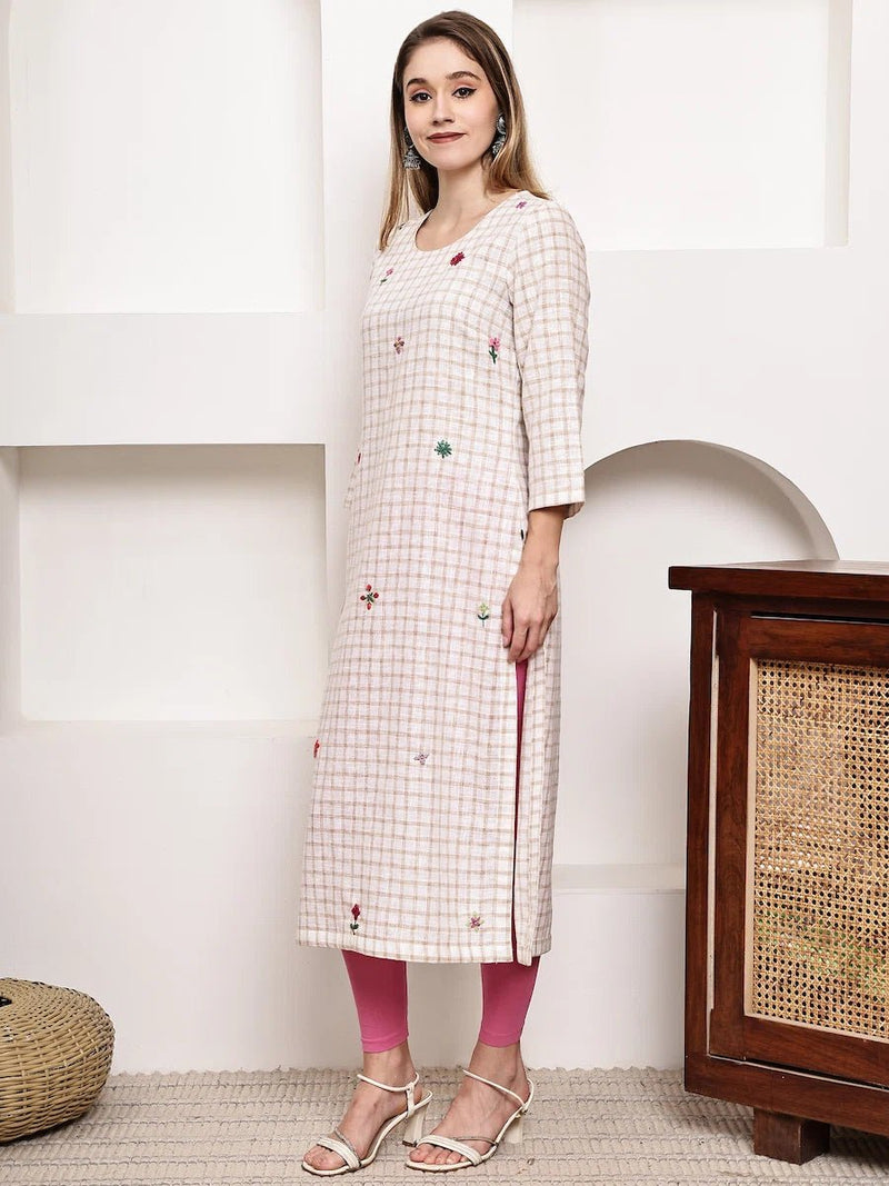 Beige Checked Embroidered Straight Kurta for Women