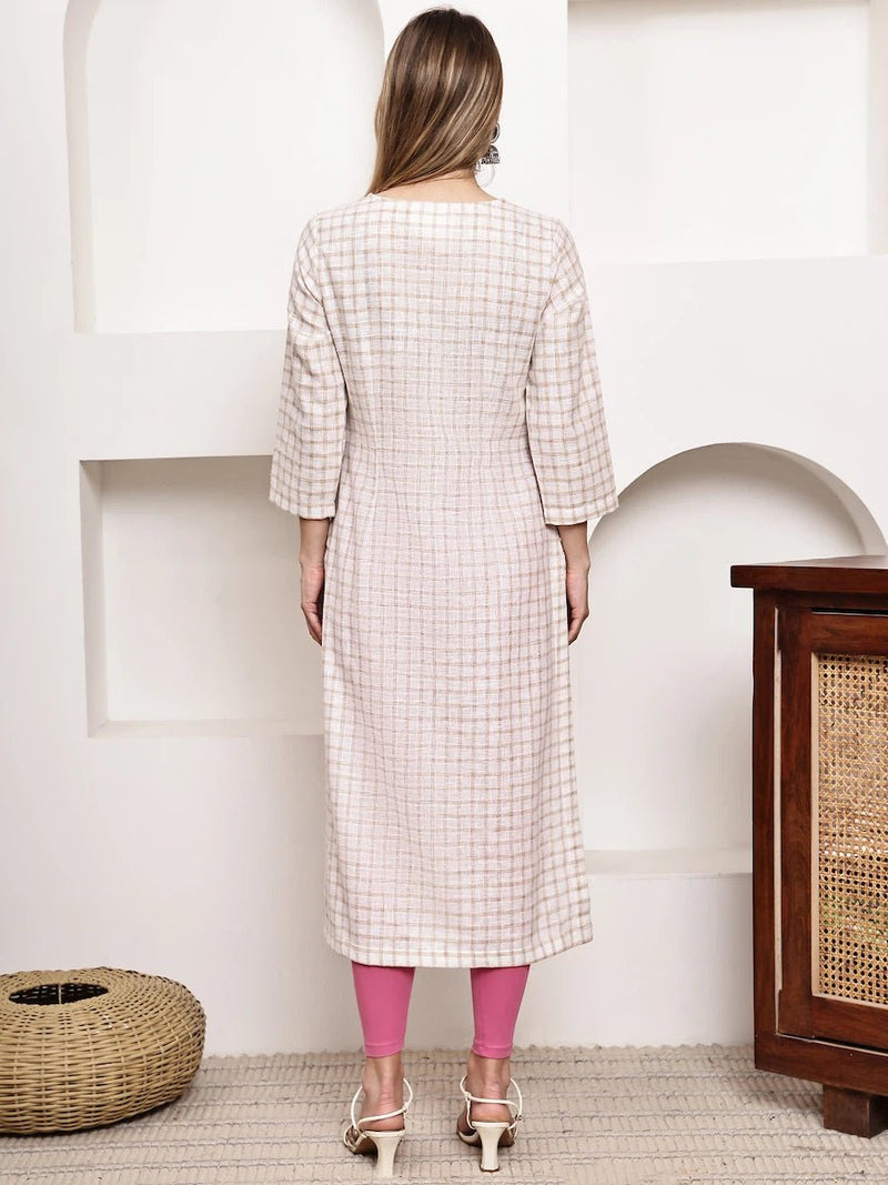 Beige Checked Embroidered Straight Kurta for Women