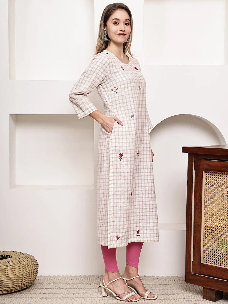 Beige Checked Embroidered Straight Kurta for Women