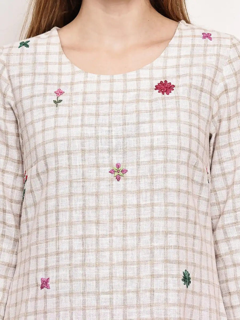 Beige Checked Embroidered Straight Kurta for Women