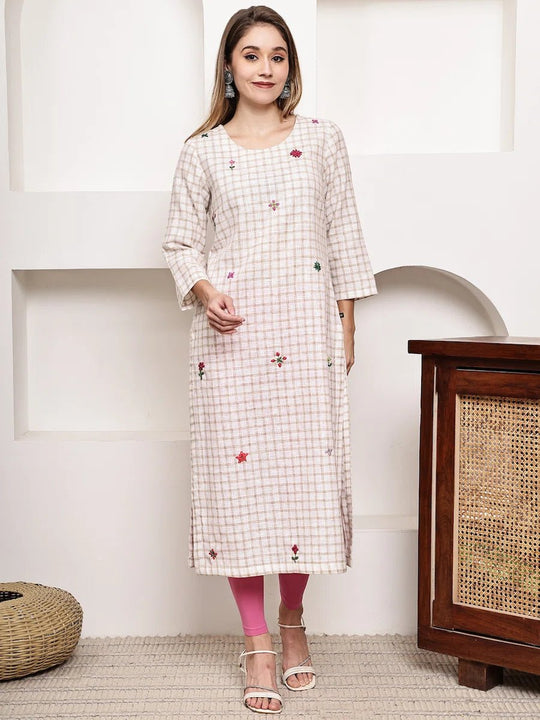 Beige Checked Embroidered Straight Kurta for Women