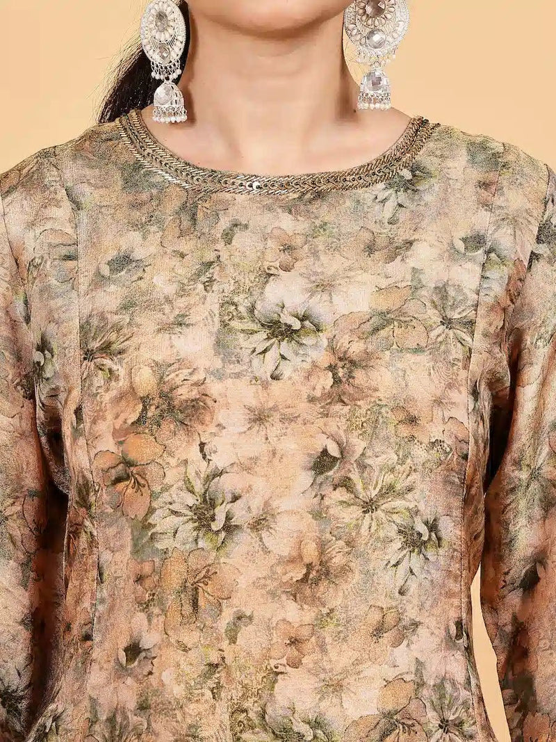Beige Shimmer Kurta Set with Digital Floral Print & Matching Dupatta