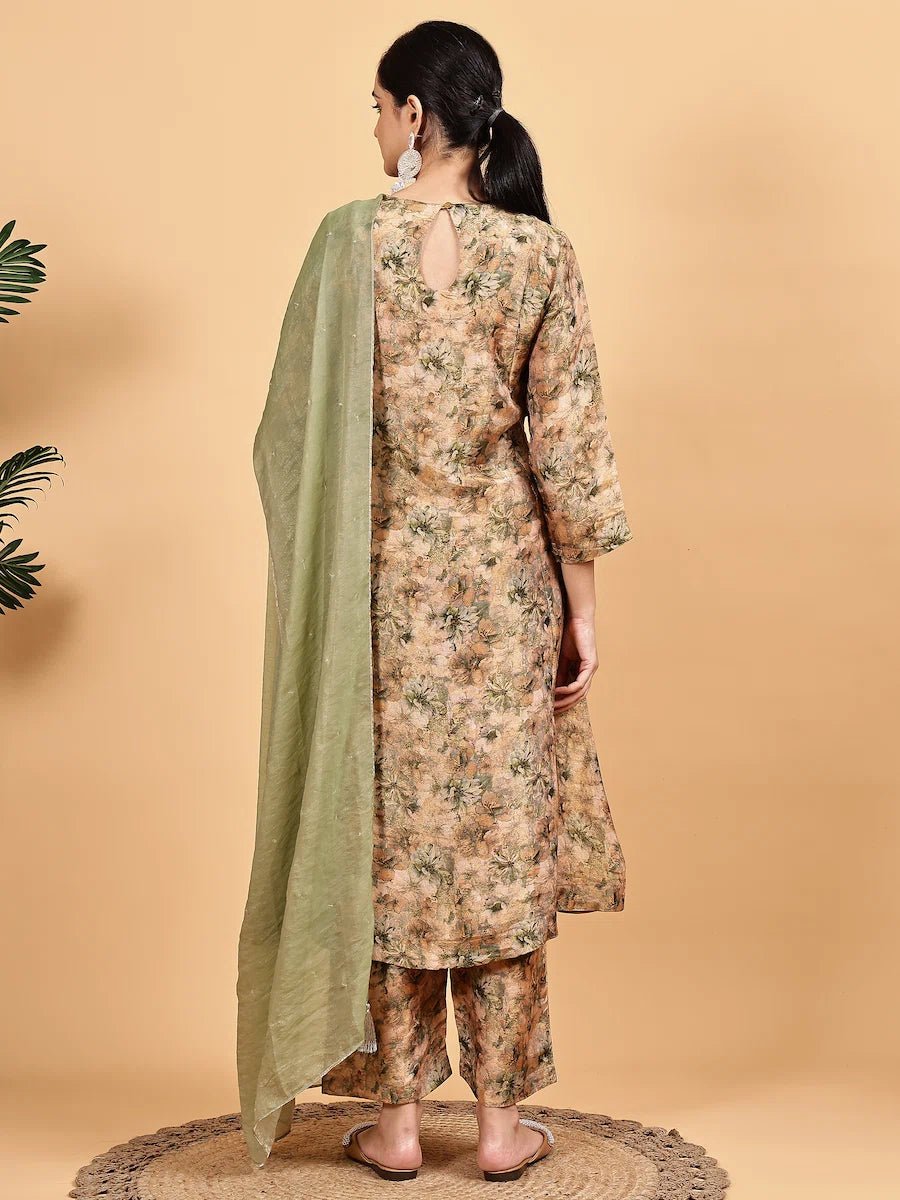 Beige Shimmer Kurta Set with Digital Floral Print & Matching Dupatta