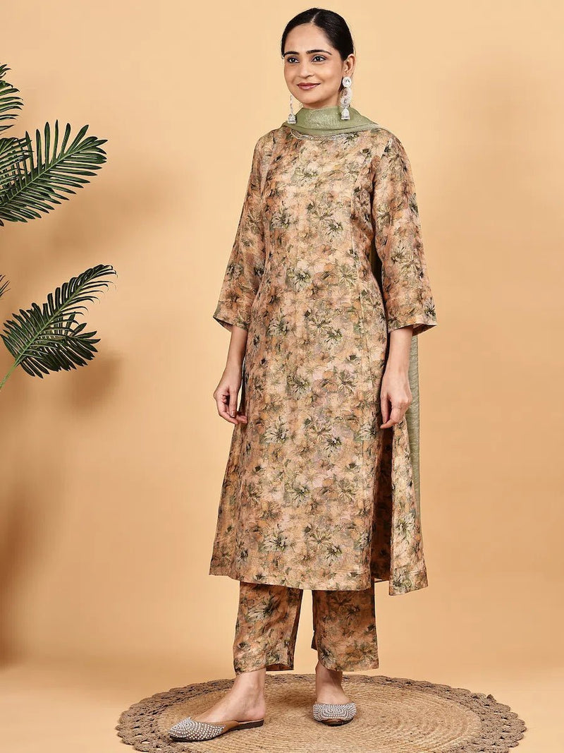 Beige Shimmer Kurta Set with Digital Floral Print & Matching Dupatta