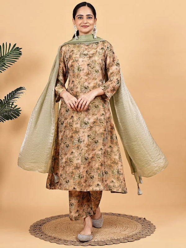 Beige Shimmer Kurta Set with Digital Floral Print & Matching Dupatta