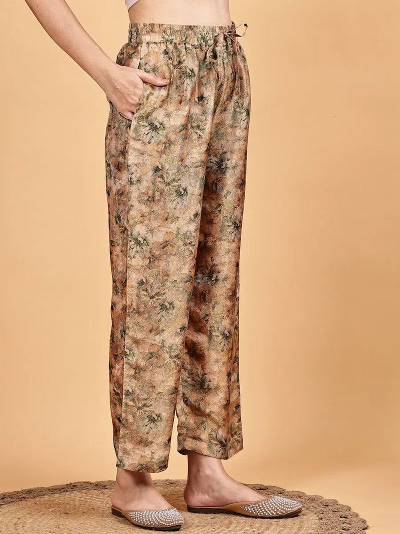 Beige Shimmer Kurta Set with Digital Floral Print & Matching Dupatta