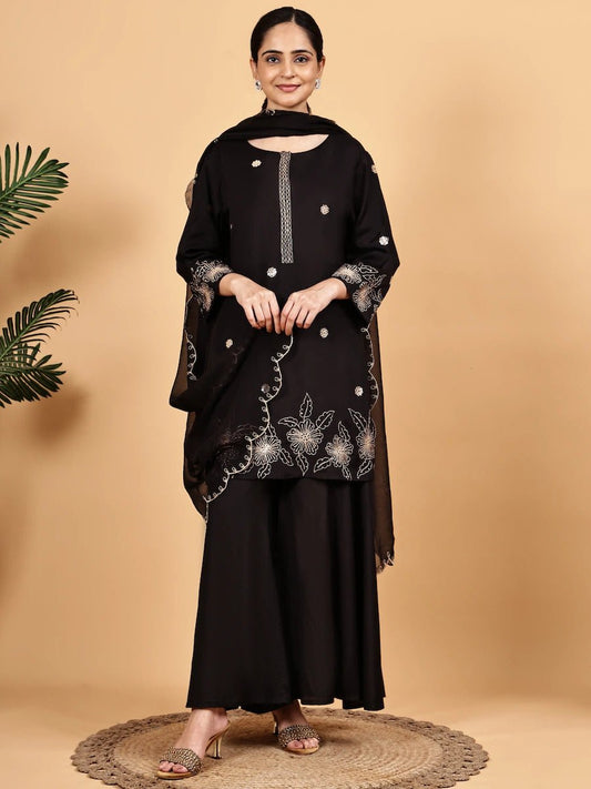 Black Embroidered Kurta Set with Organza Dupatta product_color KURTA SET