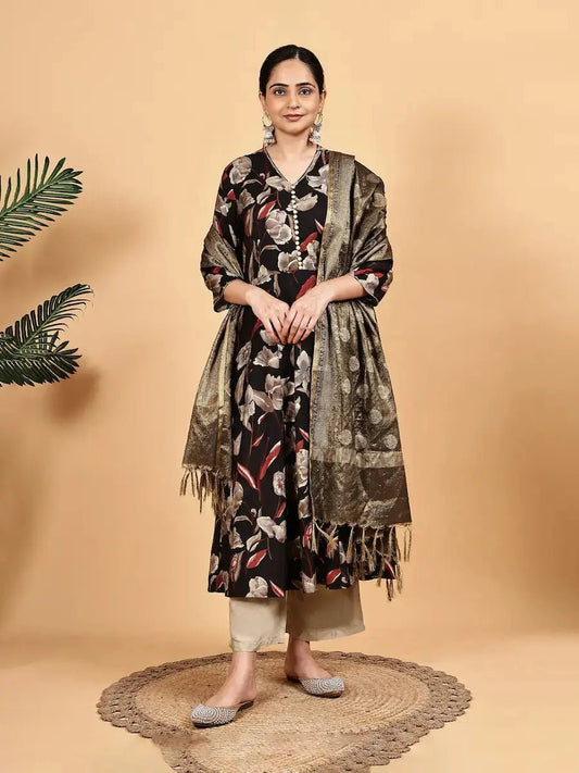 Black Floral Printed Kurta Set with Golden Dupatta product_color KURTA SET