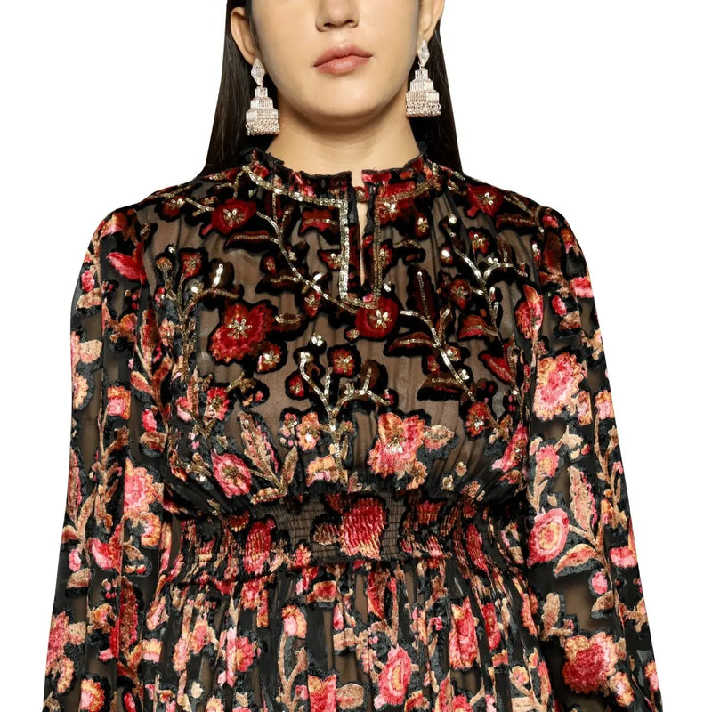 Black & Red Floral Burnout Maxi Dress