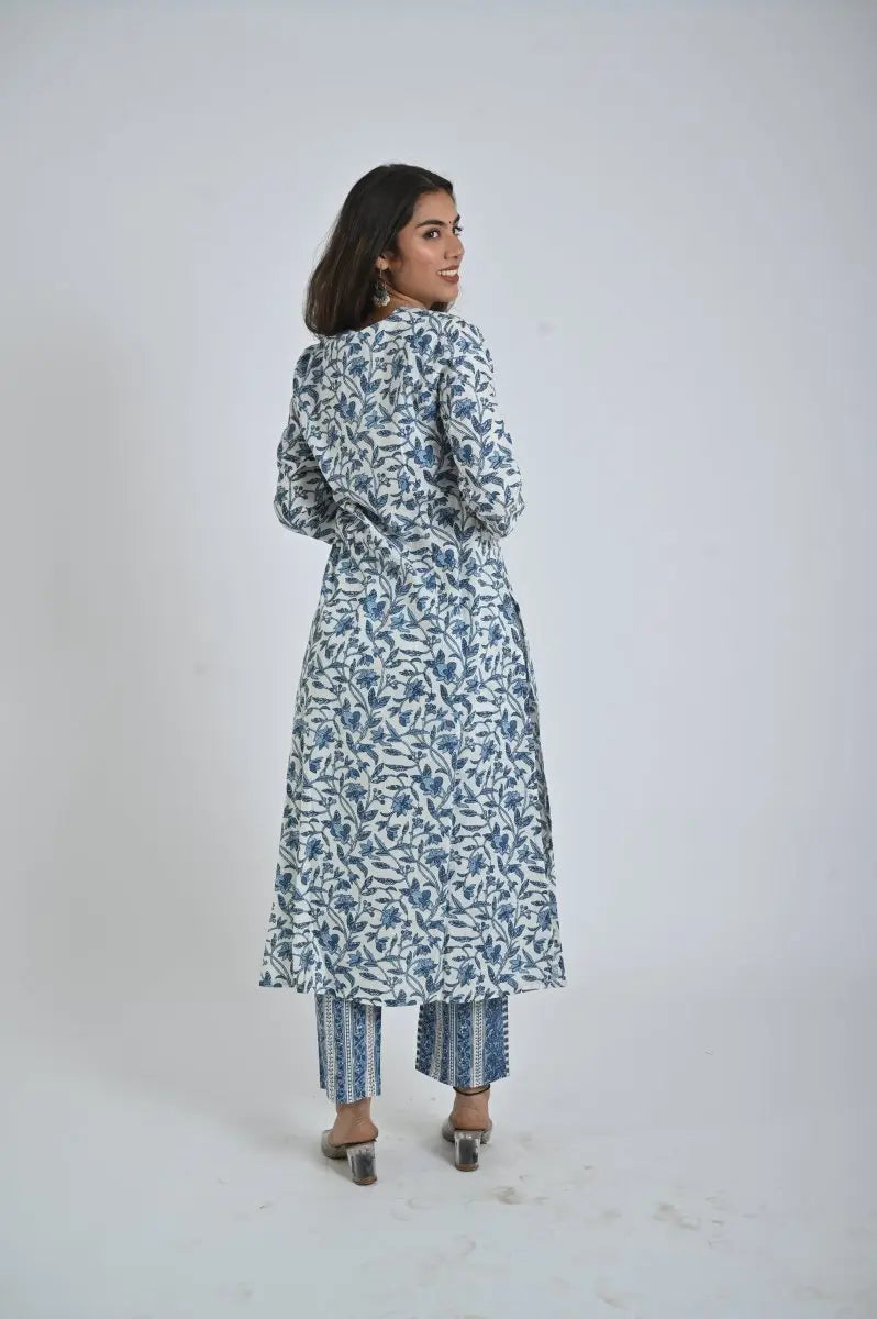 Blue Printed Kurta Set with Matching Pants for Women