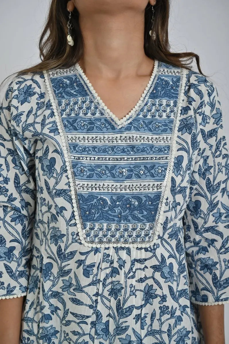 Blue Printed Kurta Set with Matching Pants for Women