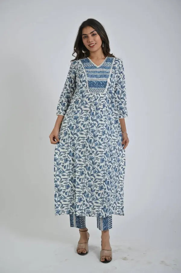 Blue Printed Kurta Set with Matching Pants for Women product_color 2 Pcs Set