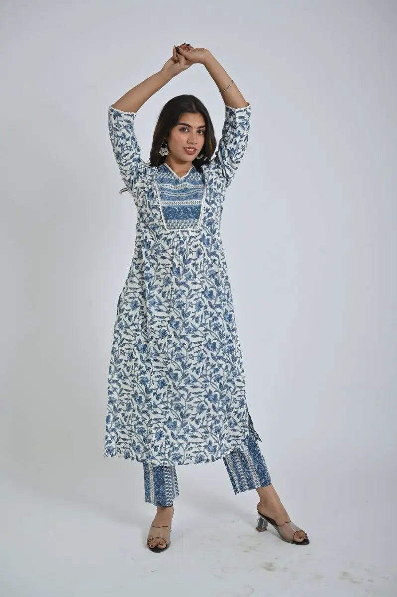 Blue Printed Kurta Set with Matching Pants for Women