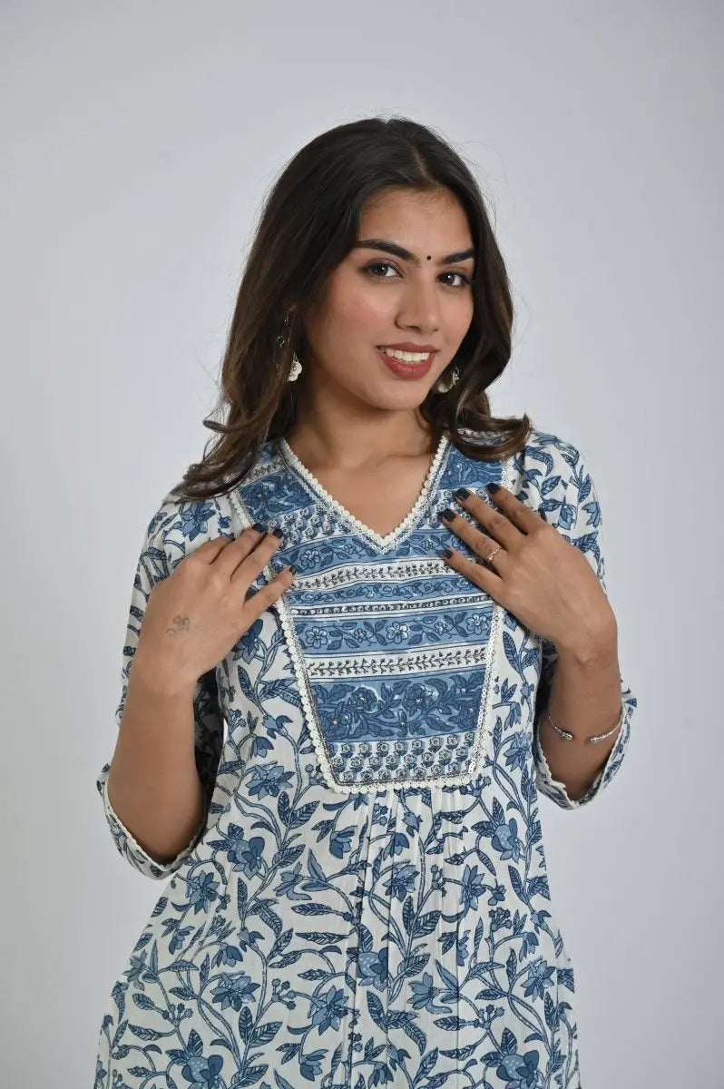 Blue Printed Kurta Set with Matching Pants for Women