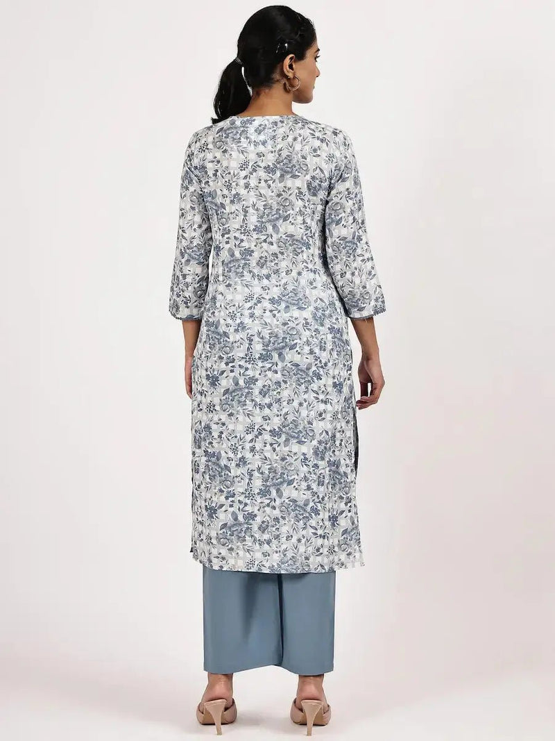 Blue & White Floral Printed Straight Kurta with Pants