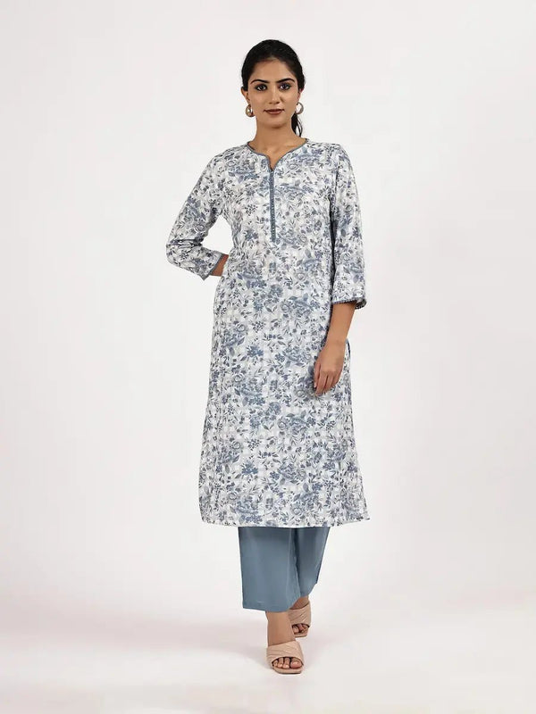 Blue & White Floral Printed Straight Kurta with Pants product_color 2 Pcs Set